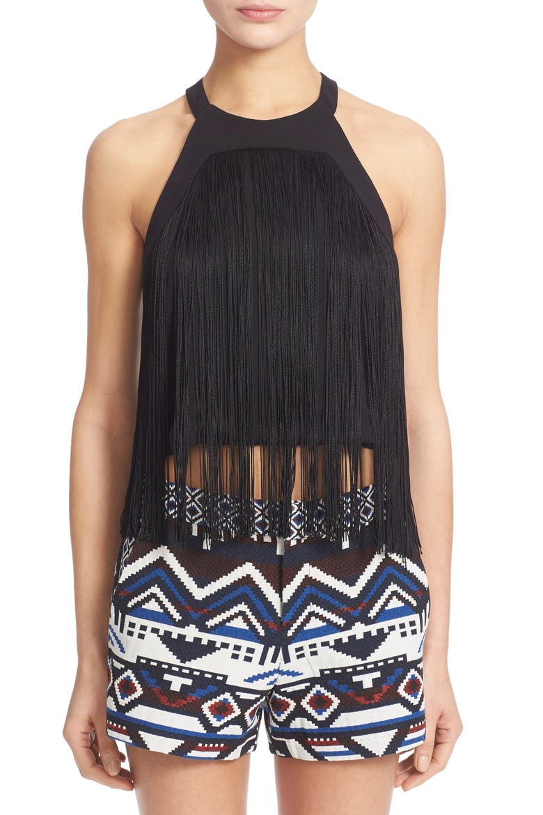 'Retreat' Fringed Halter Top, Main, color, BLACK