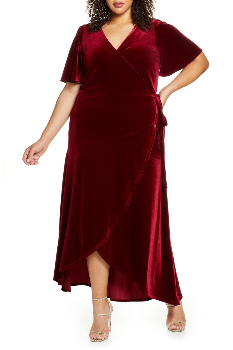 Velour Maxi Wrap Dress, Main, color, RED CHILI