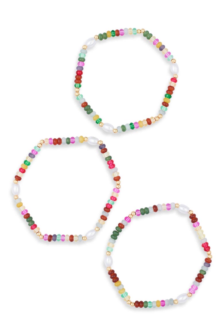 Set of 3 Bead & Imitation Pearl Stretch Bracelets, Alternate, color, RAINBOW MULTI- GOLD