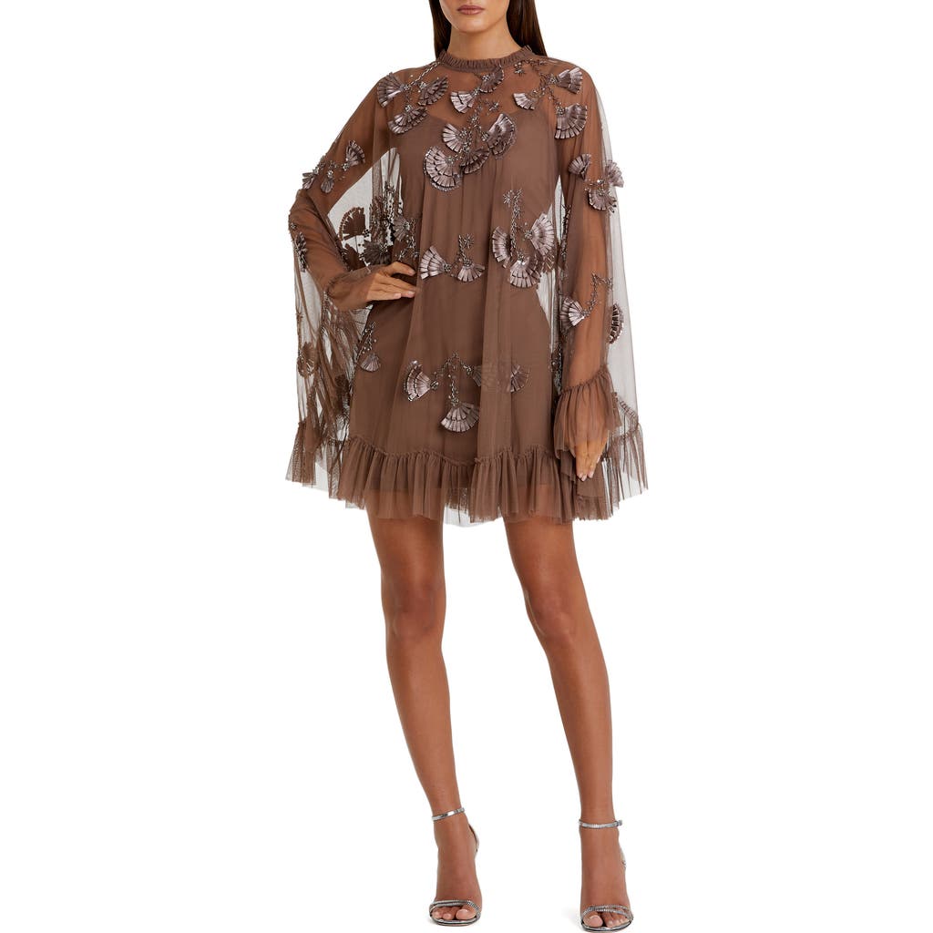 Mac Duggal Embellished Long Flare Sleeve Mesh A-line Dress In Chocolate