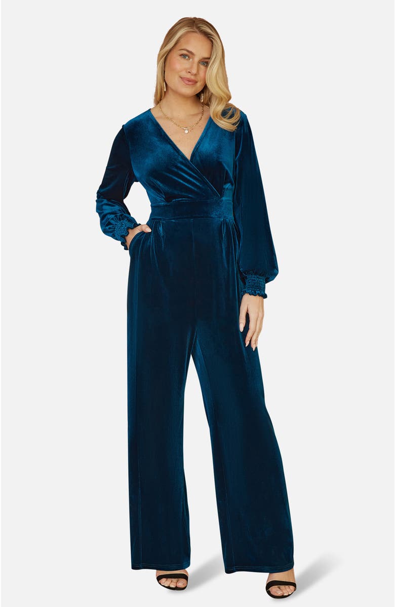 Yumi Velvet Long Sleeve Jumpsuit, Main, color, Teal