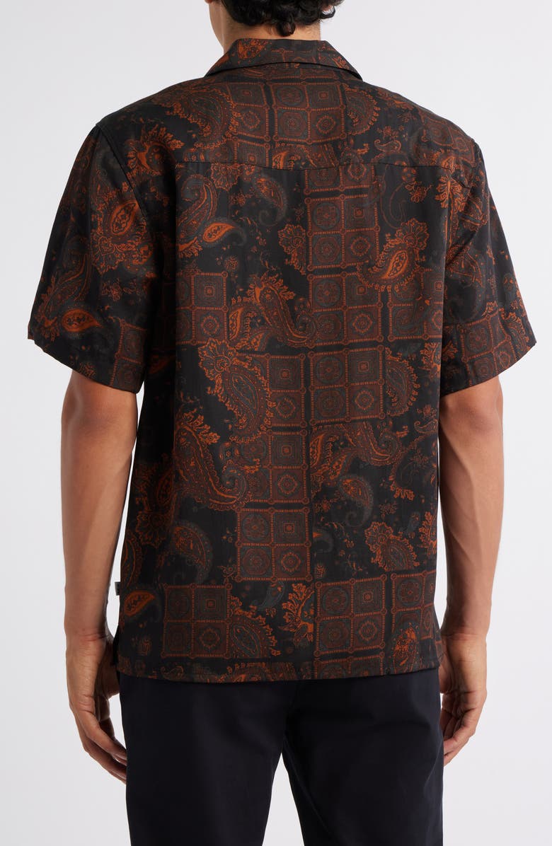 Wax London Didicot Geo & Paisley Print Lyocell Camp Shirt, Alternate, color, Black / Brown