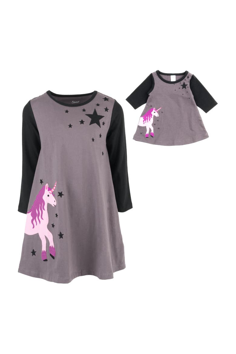 Girls Cotton Dress with Matching Doll Dress, Printed Design, Alternate, color, UNICORN WITH STARS