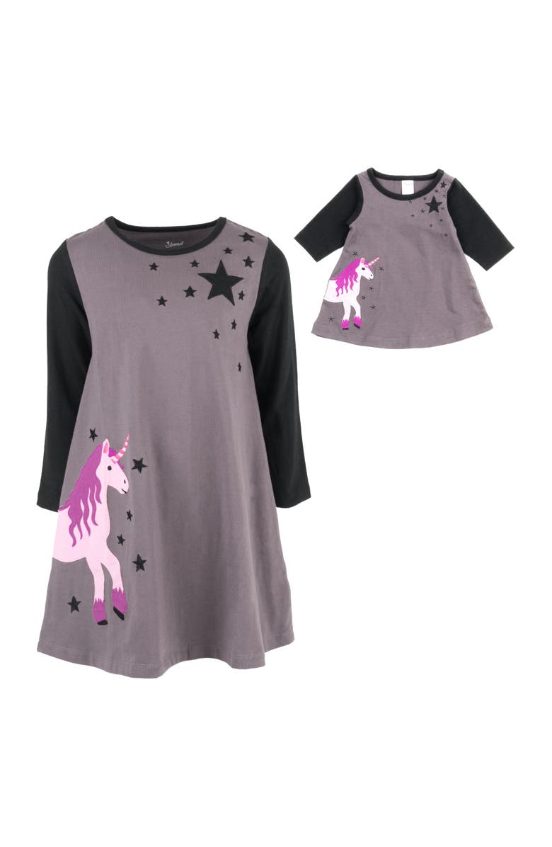 Leveret Girls Cotton Dress with Matching Doll Dress, Printed Design, Alternate, color, Unicorn With Stars