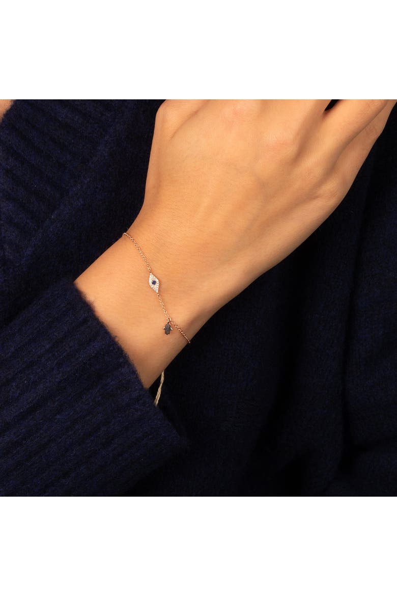 Diamond Pave X Sapphire Blue Evil Eye Charm Bracelet 14K, Alternate, color, 14K Gold