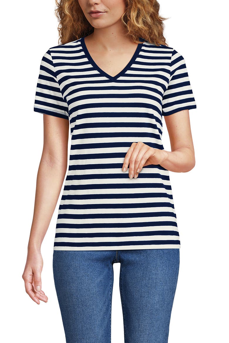Supima Cotton V-neck T-Shirt, Alternate, color, Deep Sea Navy Even Stripe