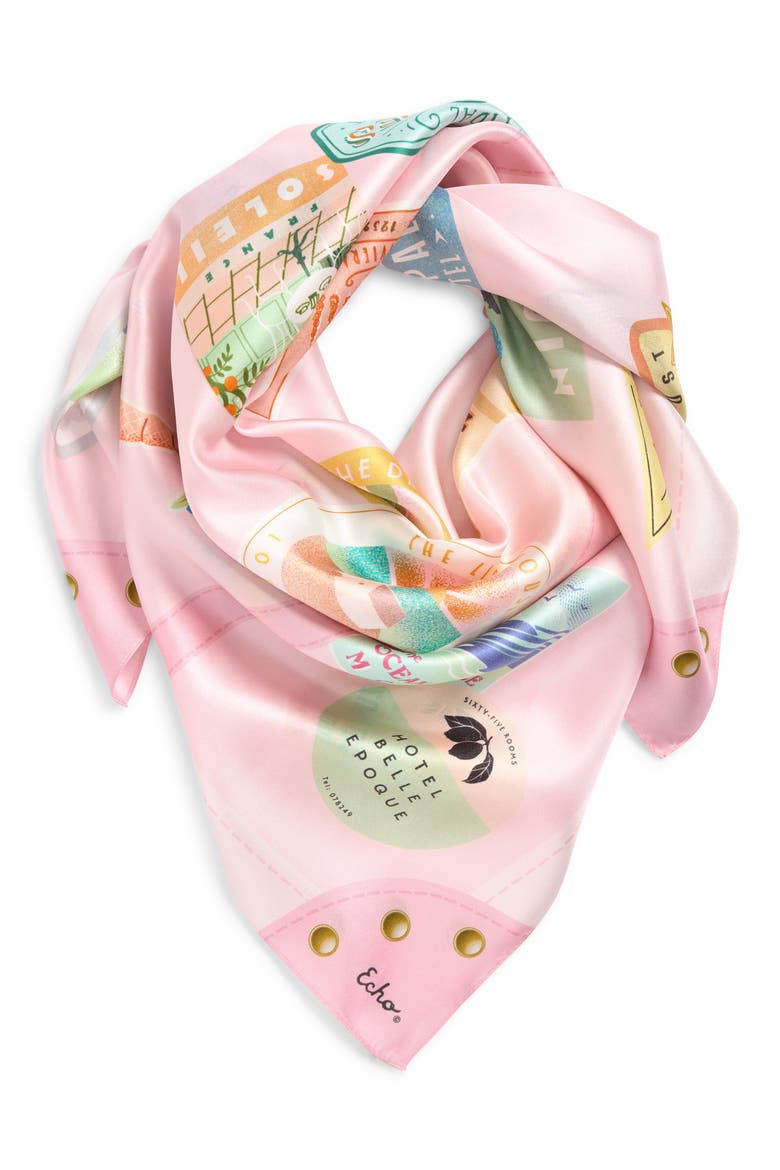 Travel Stickers Silk Square Scarf, Main, color, BEACH PINK
