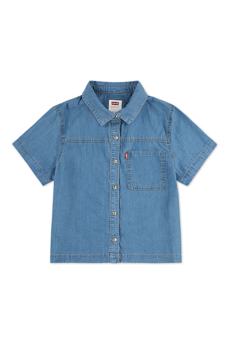Kids' Short Sleeve Denim Button-Up Shirt, Main, color, BLUE WAVE LIGHT