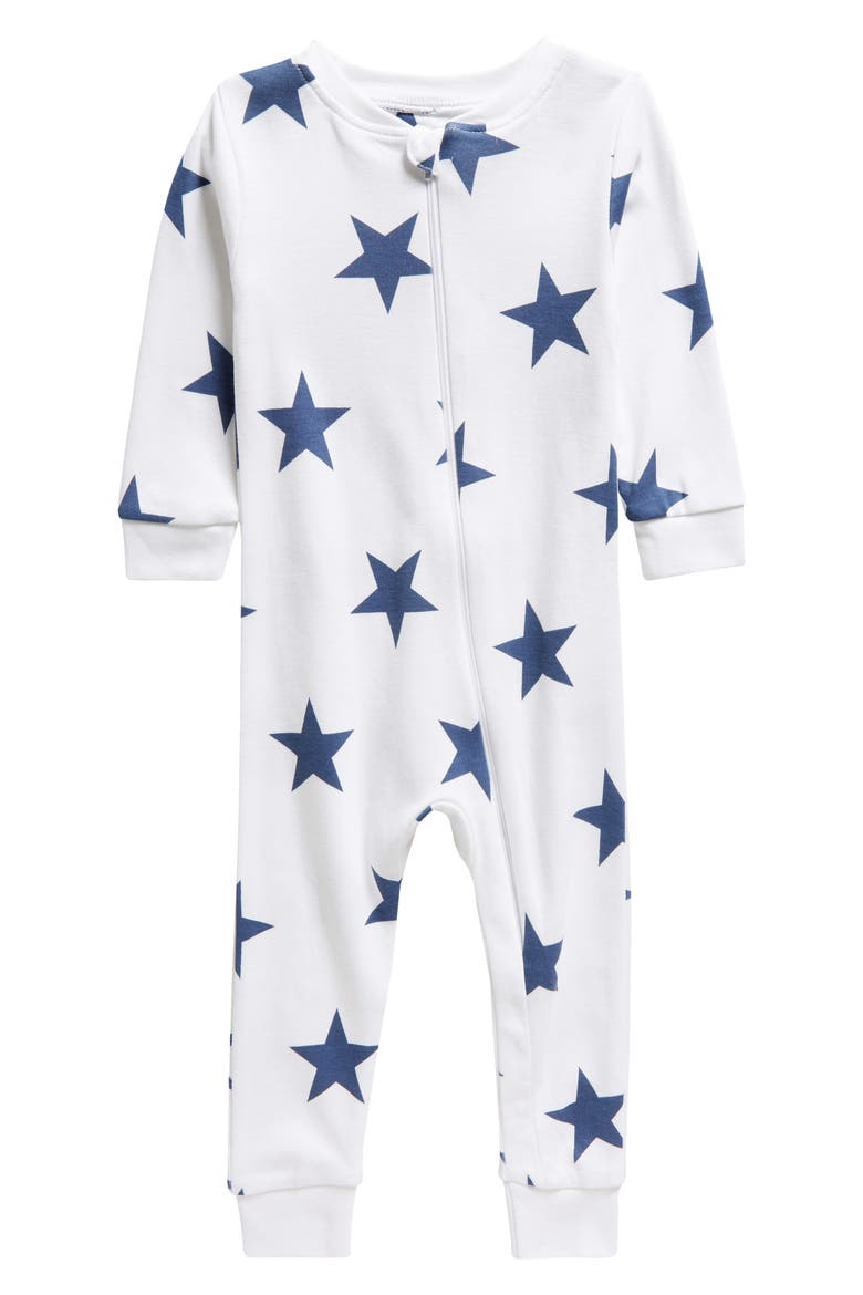Print Fitted One-Piece Pima Cotton Pajamas, Main, color, BLUE STARS
