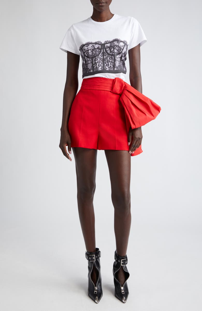 McQueen Bow Detail Wool Grain de Poudre Shorts, Alternate, color, 
