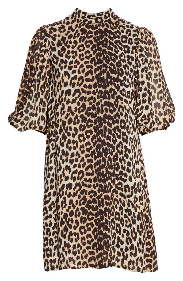 Ganni Leopard Print Puff Sleeve Georgette Minidress, Alternate, color, 