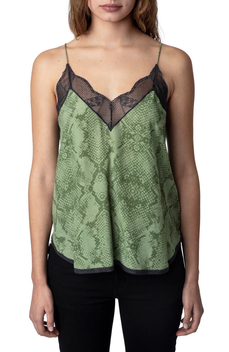 Zadig & Voltaire Christy Python Print Lace Edge Camisole, Main, color, Kaki