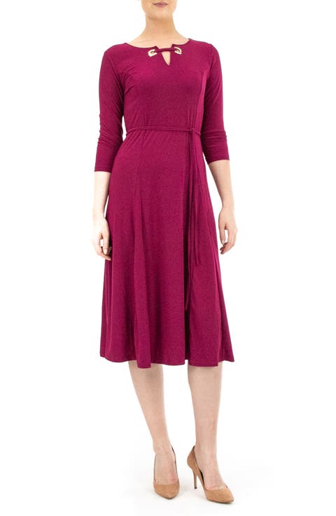 Grommet Split Neck A-Line Midi Dress