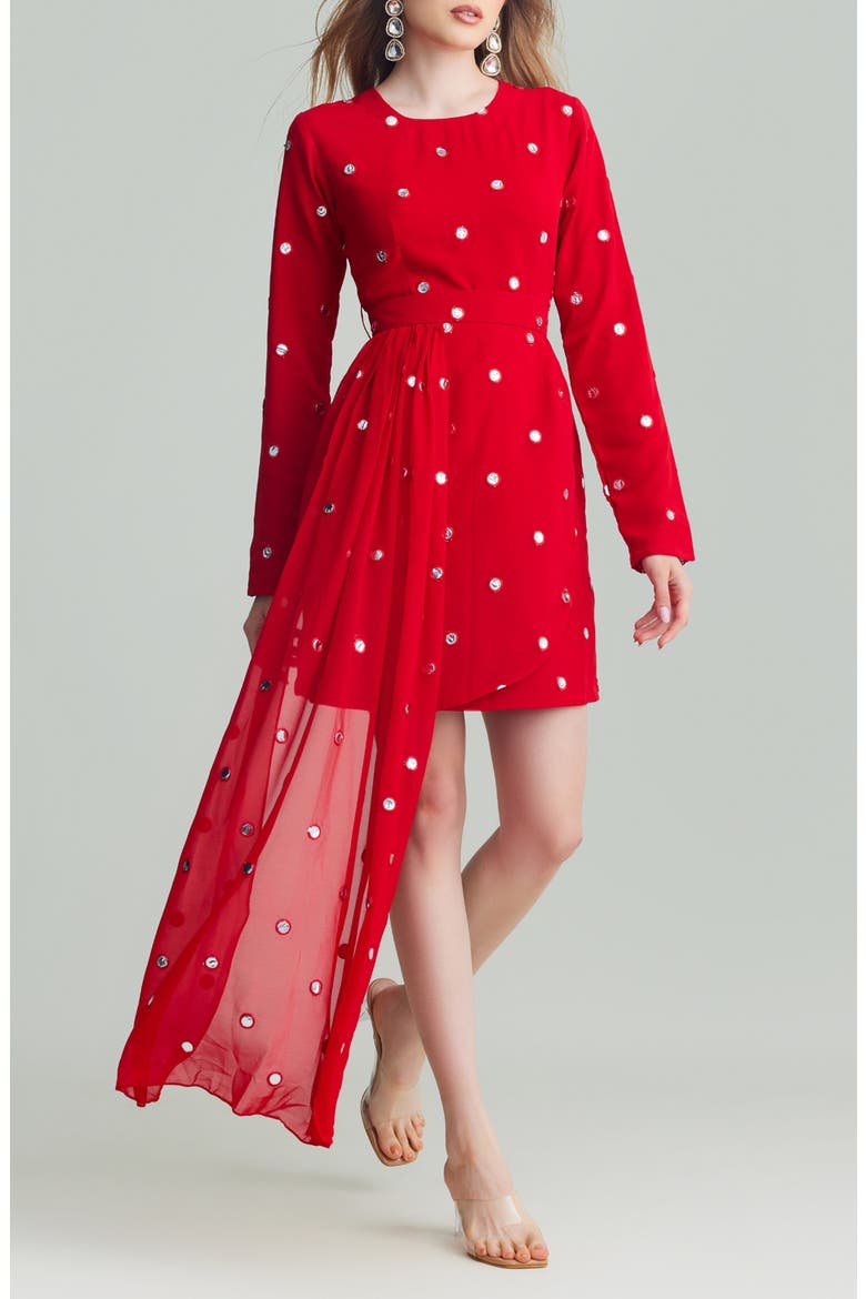 Kaia Long Sleeve Minidress with Removable Drape Belt, Alternate, color, RED