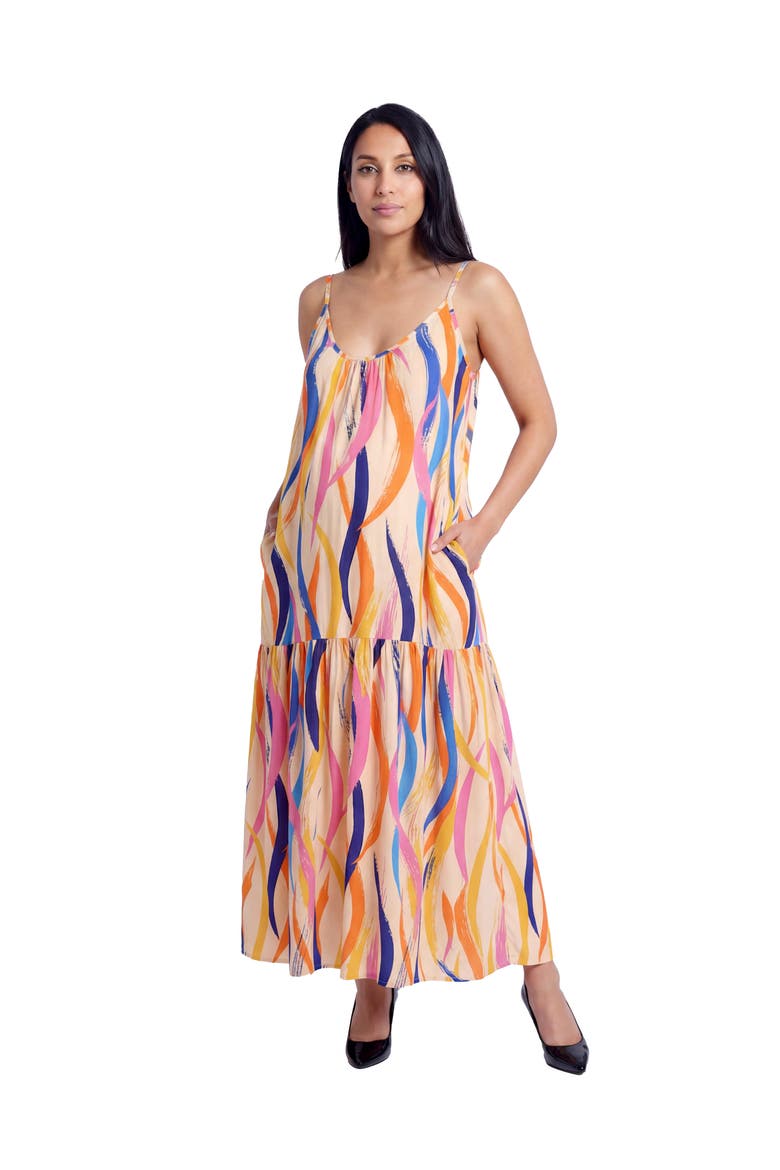 Maternity Essential Abstract Print Scoop Neck Spaghetti Strap Pocket A-Line Maxi Dress, Main, color, Orange Multi
