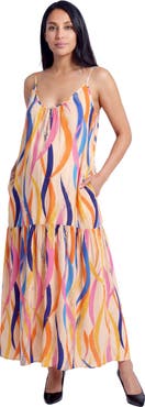24seven Comfort Apparel Maternity Essential Abstract Print Scoop Neck Spaghetti Strap Pocket A-Line Maxi Dress