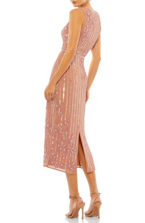 Mac Duggal Striped Floral Embellished Sleeveless Midi Dress In Rose