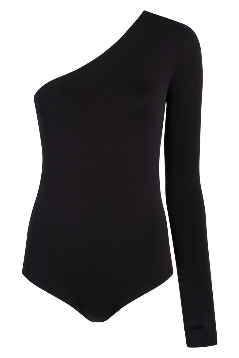 Prima One Shoulder Single Long Sleeve Bodysuit, Main, color, BLACK