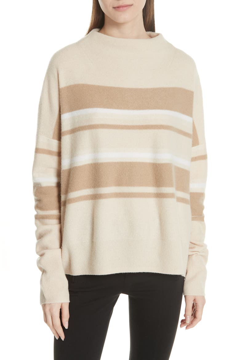 Cashmere Ombré Stripe Mock Neck Sweater, Main, color, PUTTY/ CAMEL