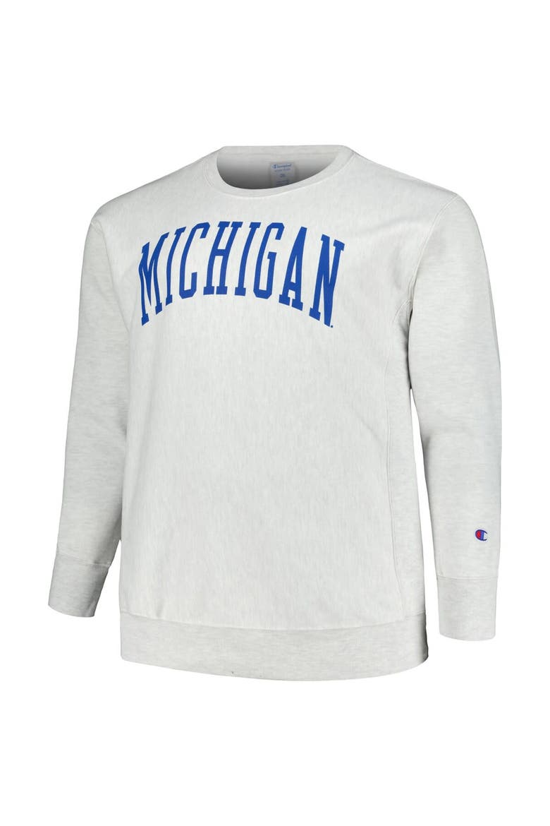Men's Champion Ash Michigan Wolverines Big & Tall Reverse Weave Fleece Crewneck Pullover Sweatshirt, Alternate, color, Ash