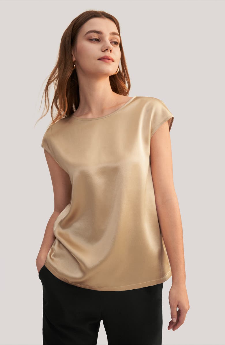 Lilysilk Basic Cap Sleeves Silk Tee, Alternate, color, Light Camel