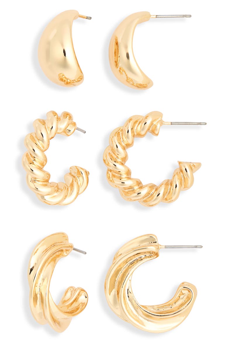 Set of 3 Twisted Hoop Earrings, Main, color, GOLD