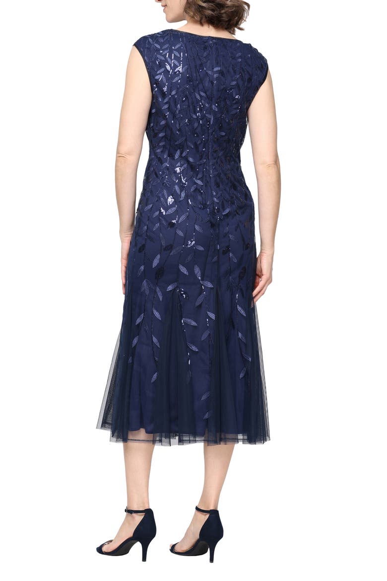 Sequin Leaf Embroidery Cocktail Midi Dress, Alternate, color, NAVY
