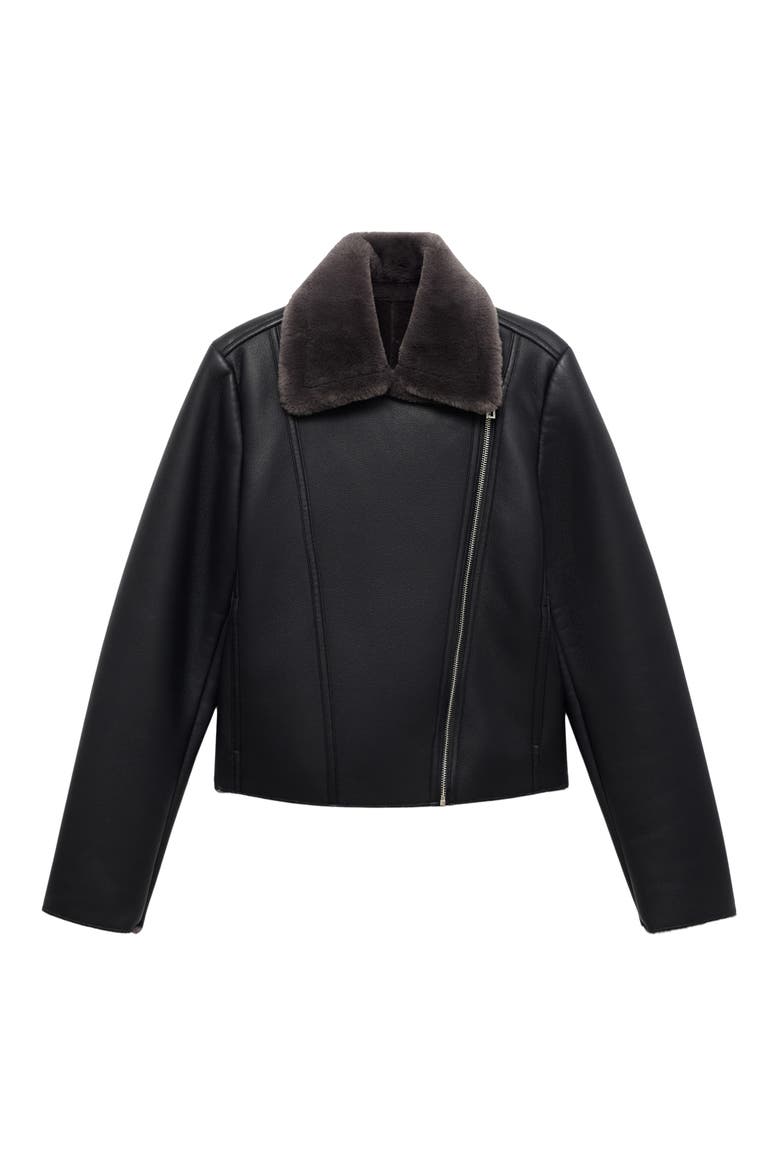Faux Fur Collar Faux Leather Biker Jacket, Main, color, BLACK