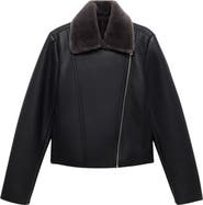 MANGO Faux Fur Collar Faux Leather Biker Jacket