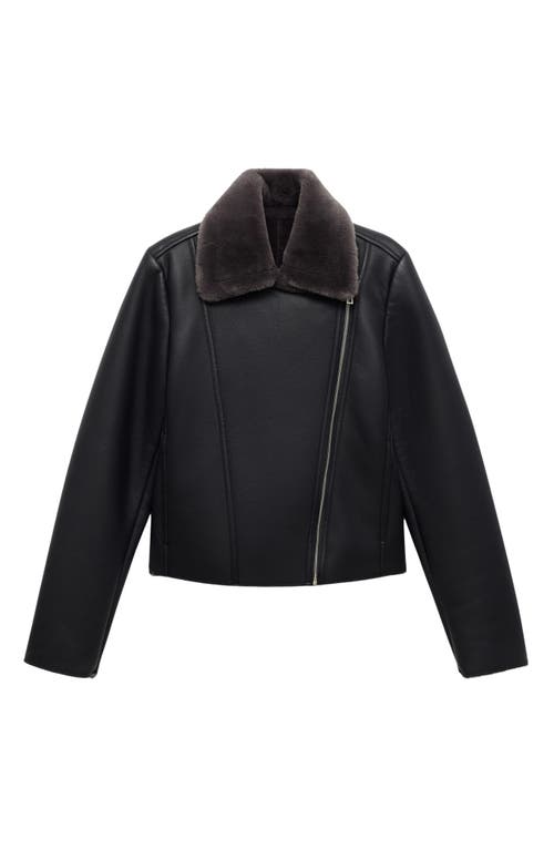 Mango Faux Leather Moto Jacket With Faux Fur Lining In Black