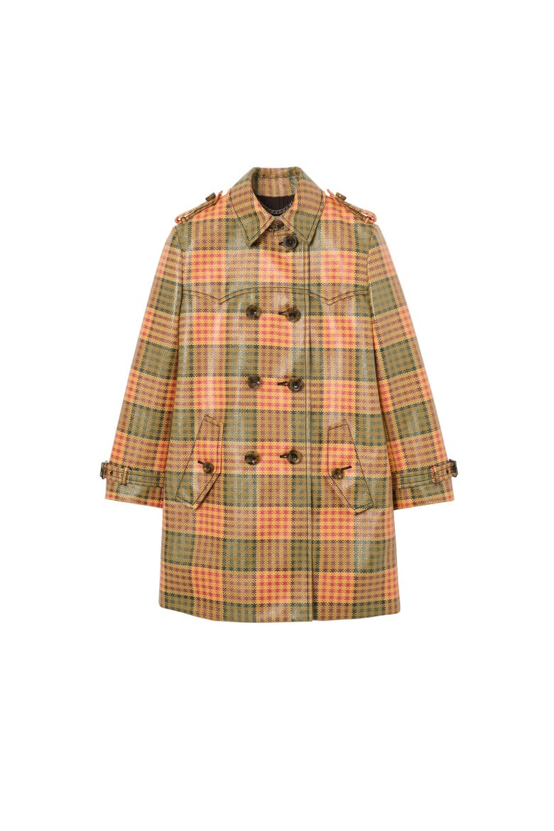 Short Check Coated Raffia-effect Summerside Trench Coat, Alternate, color, CHROME YLW/ POMEGRNTE