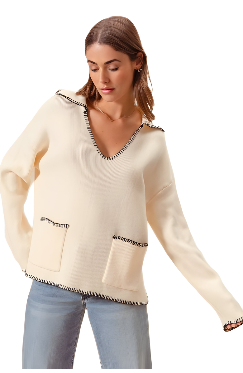 Knit and Lounge Ribbed Long Sleeve V-Neck Pullover With Contrast Trim, Alternate, color, Off-White / Black