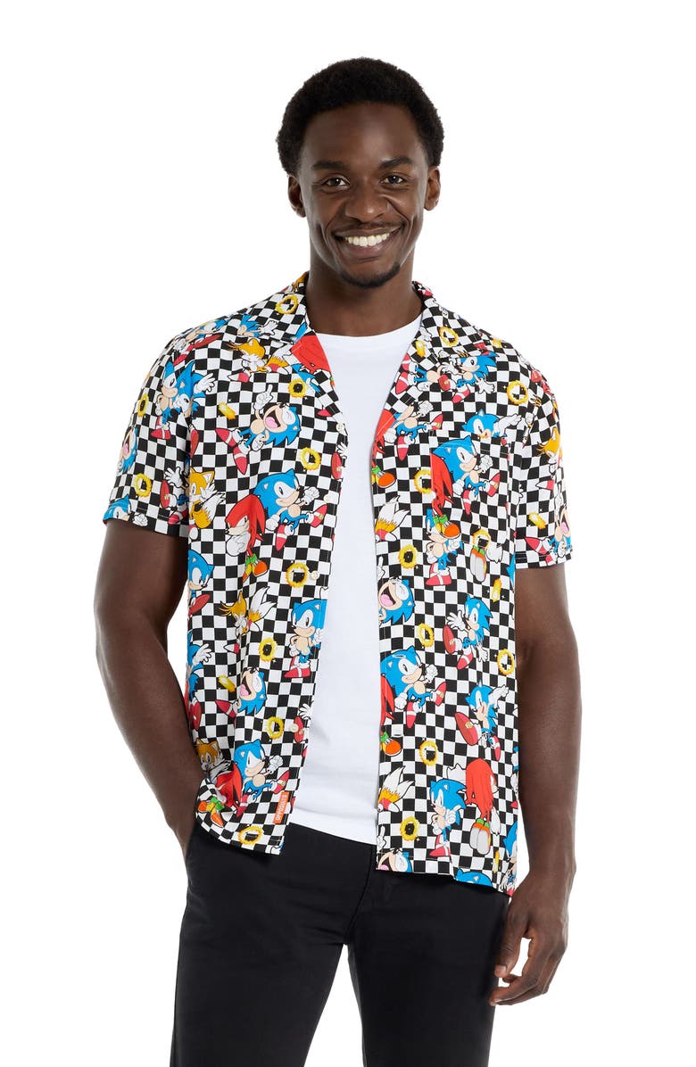 OppoSuits Relaxed Fit Sonic the Hedgehog<sup>®</sup> Print Camp Shirt, Alternate, color, White Check Multi
