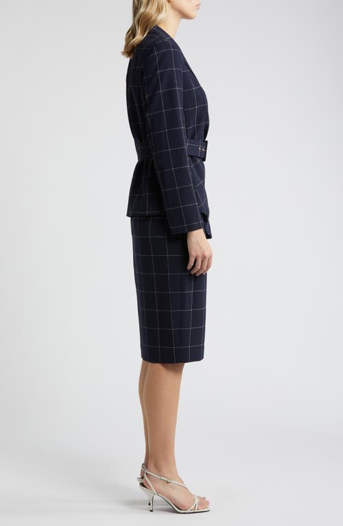 Tahari Asl Windowpane Check Belted Blazer & Pants Set In Blue