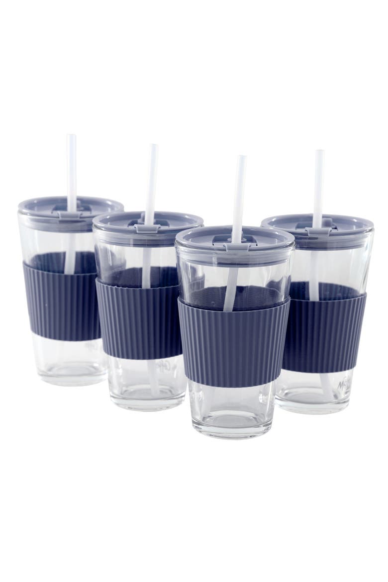 Sip Savvy 4 Piece 15 Ounce Silicone Sleeve Glass Cup Set w/ Lid and Straw, Main, color, Blue