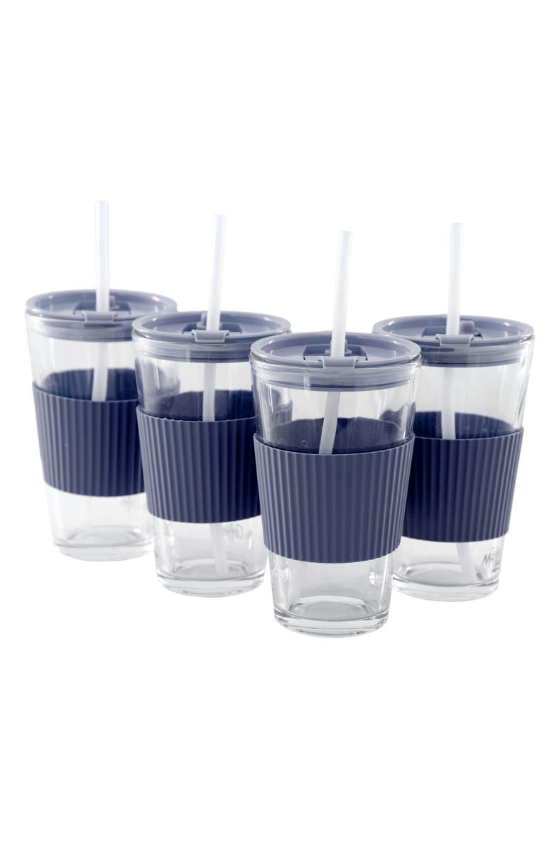 Mr. Coffee Sip Savvy 4 Piece 15 Ounce Silicone Sleeve Glass Cup Set w/ Lid and Straw, Main, color, Blue