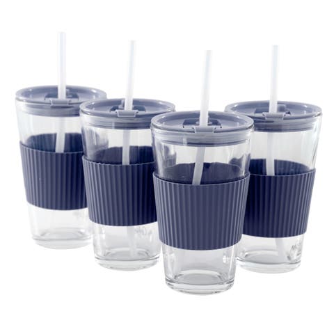 Sip Savvy 4 Piece 15 Ounce Silicone Sleeve Glass Cup Set w/ Lid and Straw