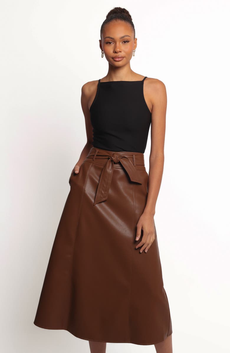 Petal & Pup Adaline Faux Leather Midi Skirt, Alternate, color, Brown