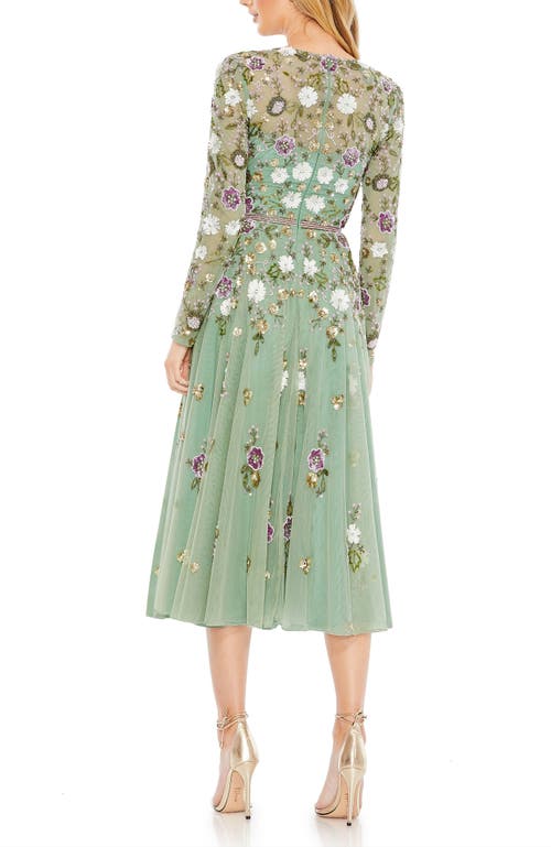 Mac Duggal Sequined Floral Long Sleeve High Neck Midi Dress In Sage Multi