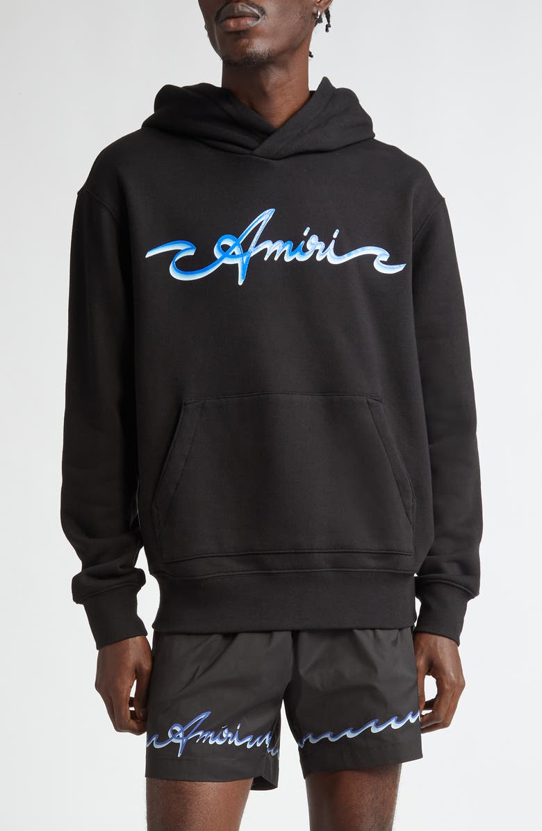 AMIRI Wave Logo Cotton Graphic Hoodie, Main, color, Black