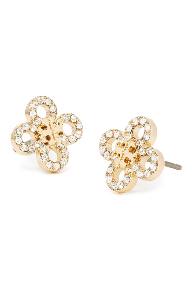 Forget Me Not Clover Stud Earrings, Alternate, color, TORY GOLD / CRYSTAL