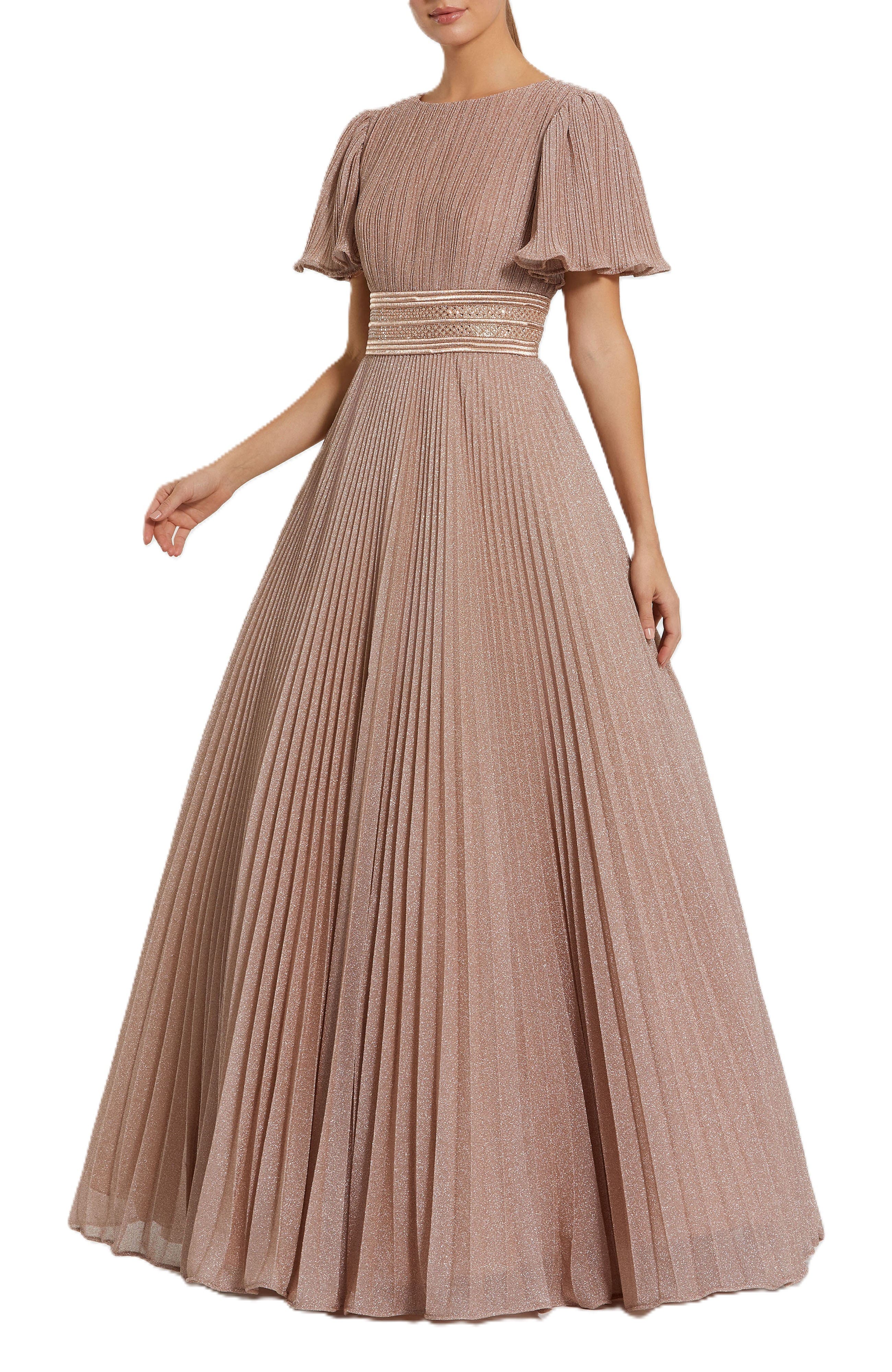 Pleated Shimmering Georgette Flutter Sleeve Gown - image 3
