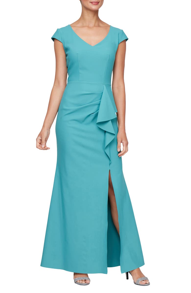 Alex Evenings Contour Collection Side Ruffle V-Neck Gown, Main, color, Teal
