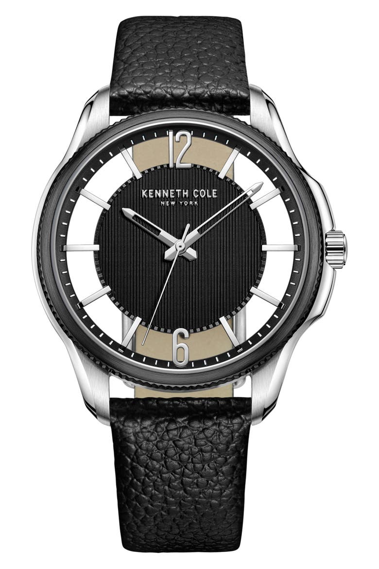 Transparency Leather Strap Watch, 42mm, Main, color, BLACK