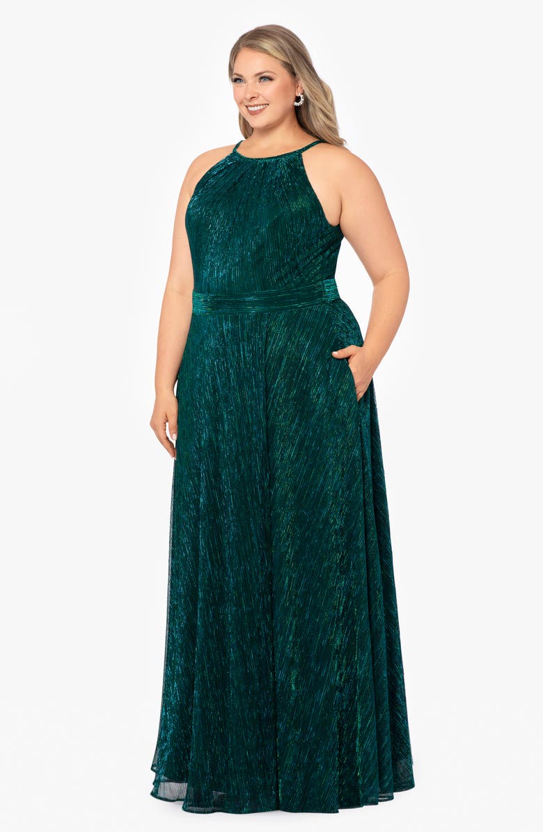 Betsy & Adam Metallic Crinkle A-Line Gown, Alternate, color, Jade