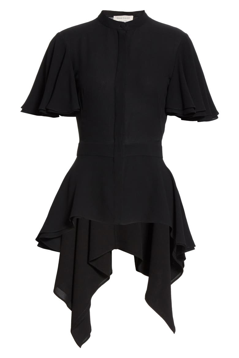 Alexander McQueen Silk High/Low Peplum Blouse, Alternate, color, BLACK