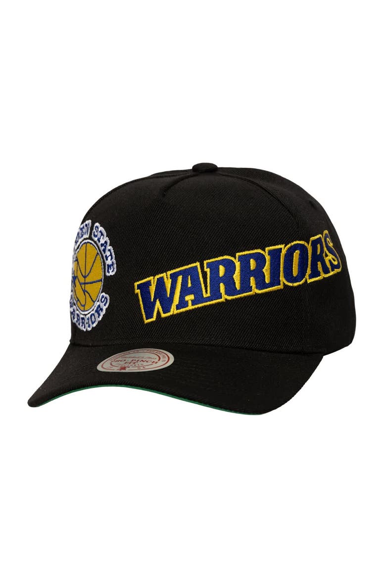 Men's Mitchell & Ness  Black Golden State Warriors Busted Logo Wordmark Wrap-Around Pro Pinch Adjustable Hat, Main, color, Black