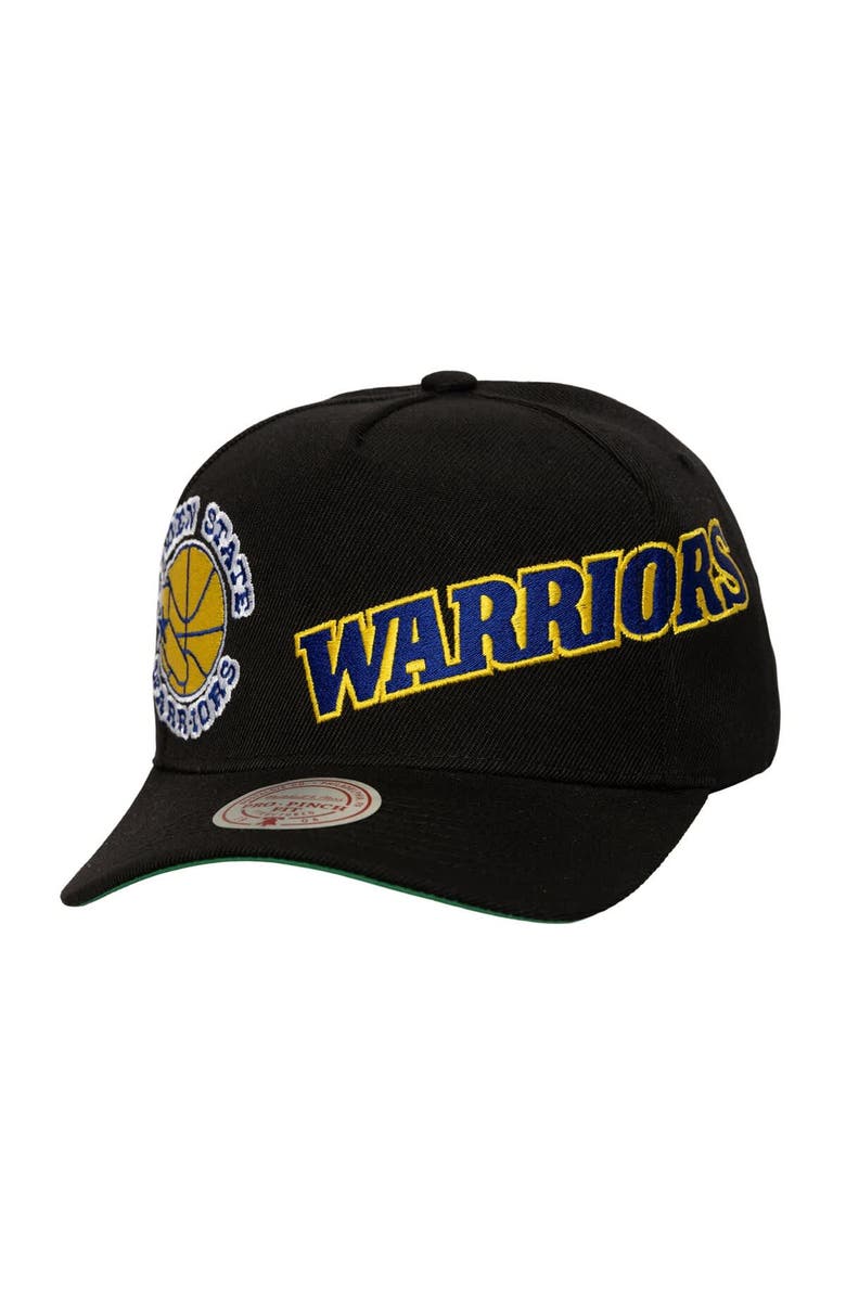 Mitchell & Ness Men's Mitchell & Ness Black Golden State Warriors Busted Logo Wordmark Wrap-Around Pro Pinch Adjustable Hat, Main, color, Black