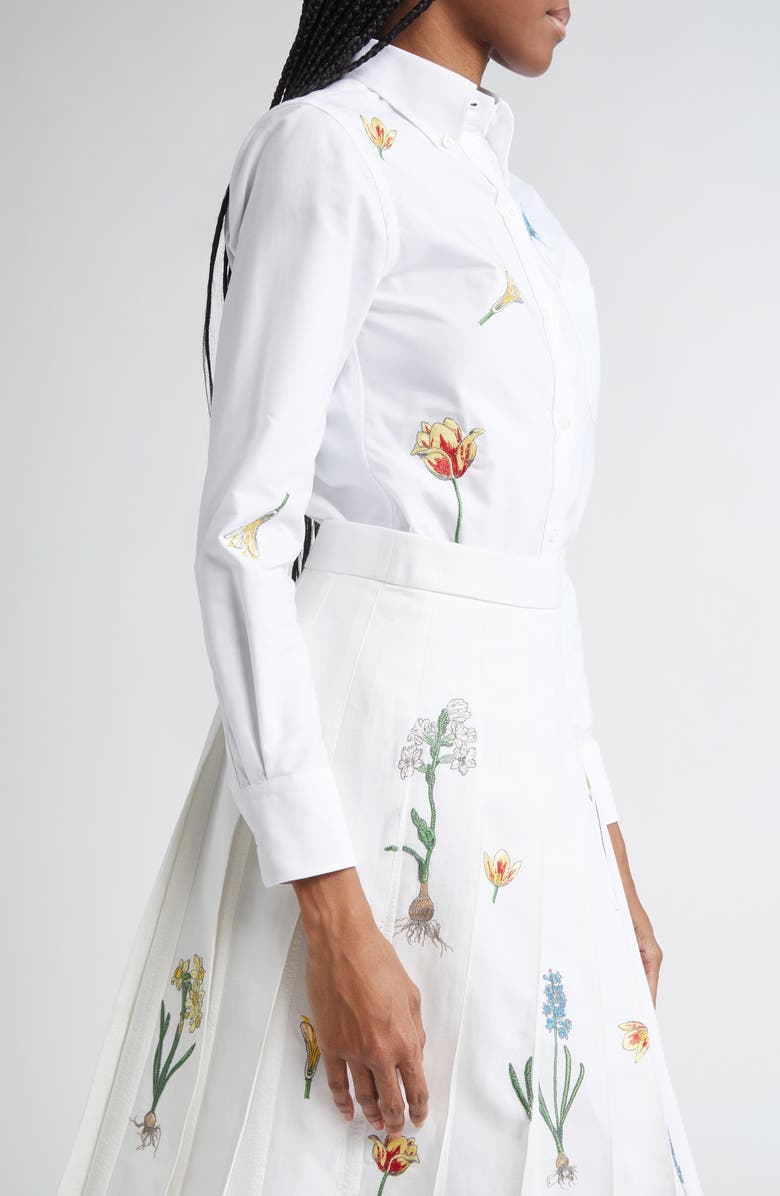 Thom Browne Floral Embroidered Cotton Button-Down Shirt, Alternate, color, White