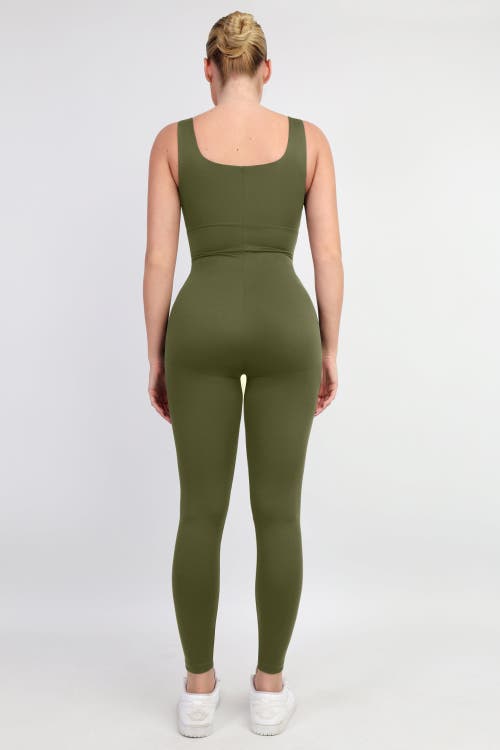 Popilush Shapewear Square Neck Thigh Slimming Workout Jumpsuit In Jade Green